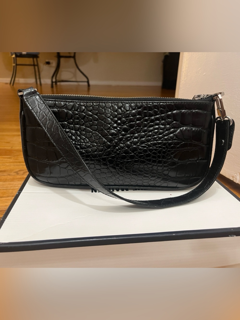 By Far Rachel Black Croc-Embossed Shoulder Bag